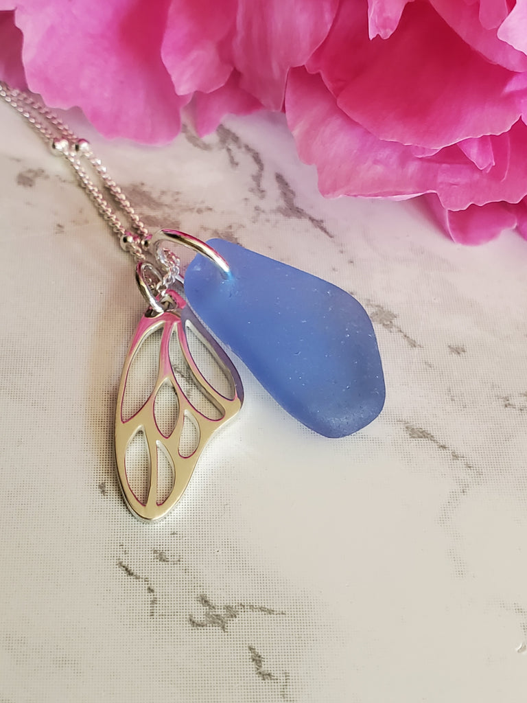 Butterfly and Cornflower Blue Sea Glass Necklace Garden Collection