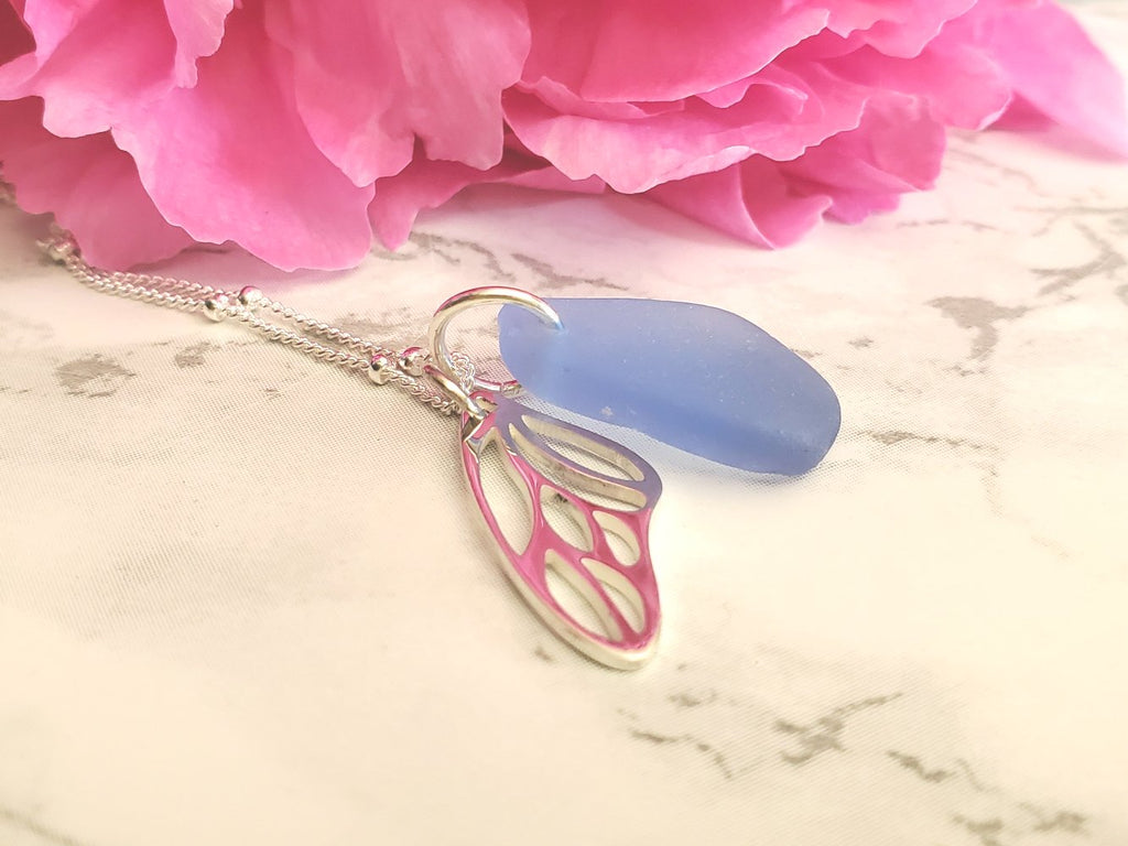 Butterfly and Cornflower Blue Sea Glass Necklace Garden Collection