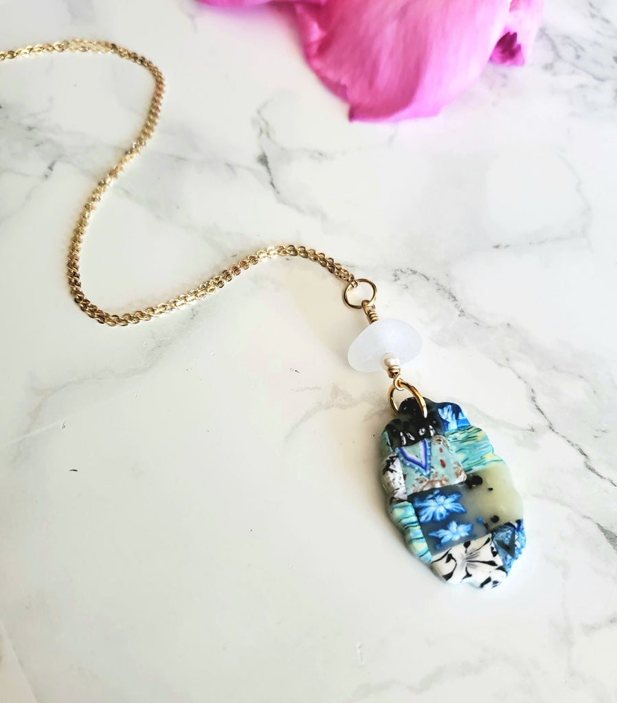 Gold Sea Glass Necklace With Handmade Quilt Pendant