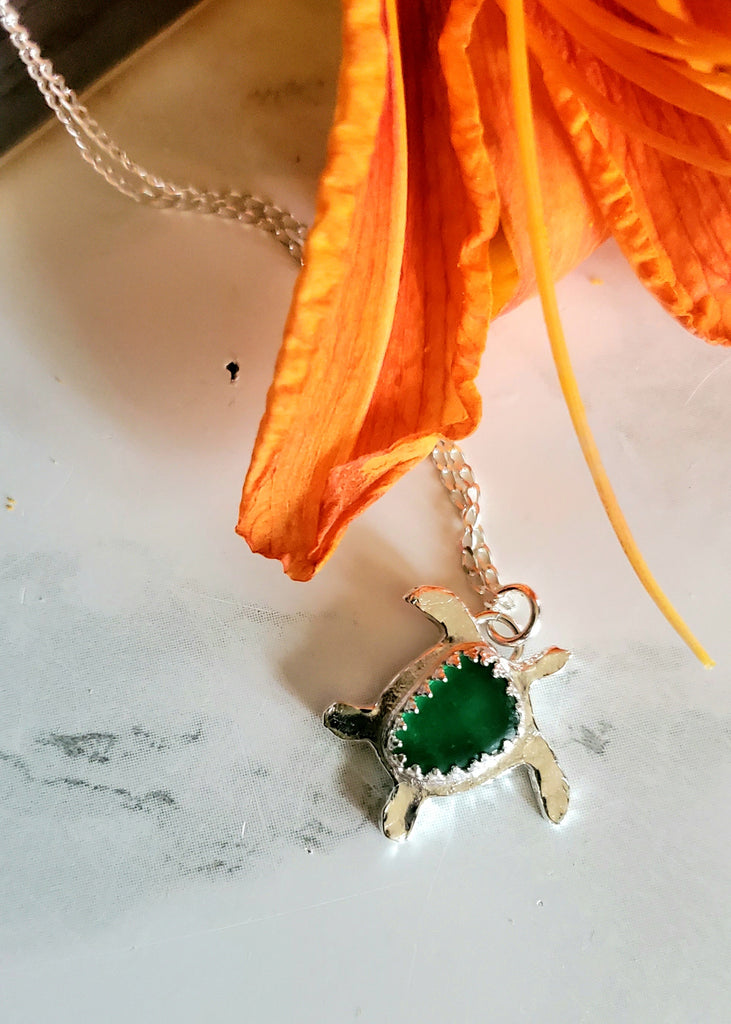 Turtle Necklace with Real Green Sea Glass
