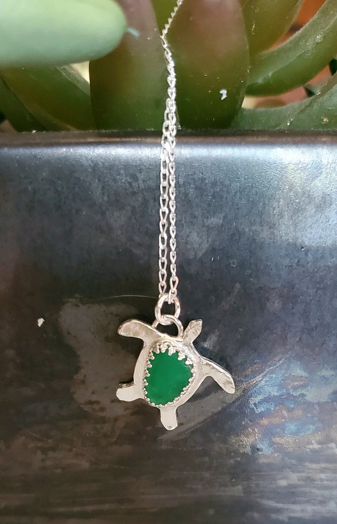 Turtle Necklace with Real Green Sea Glass