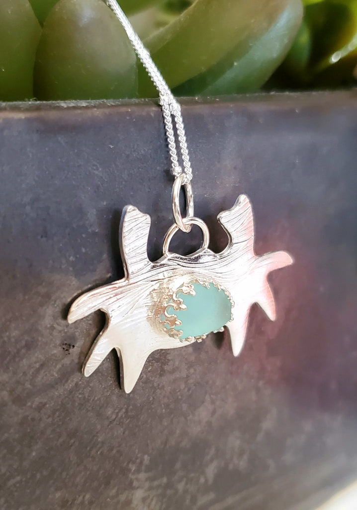 Crab Necklace With Genuine Aqua Blue Sea Glass