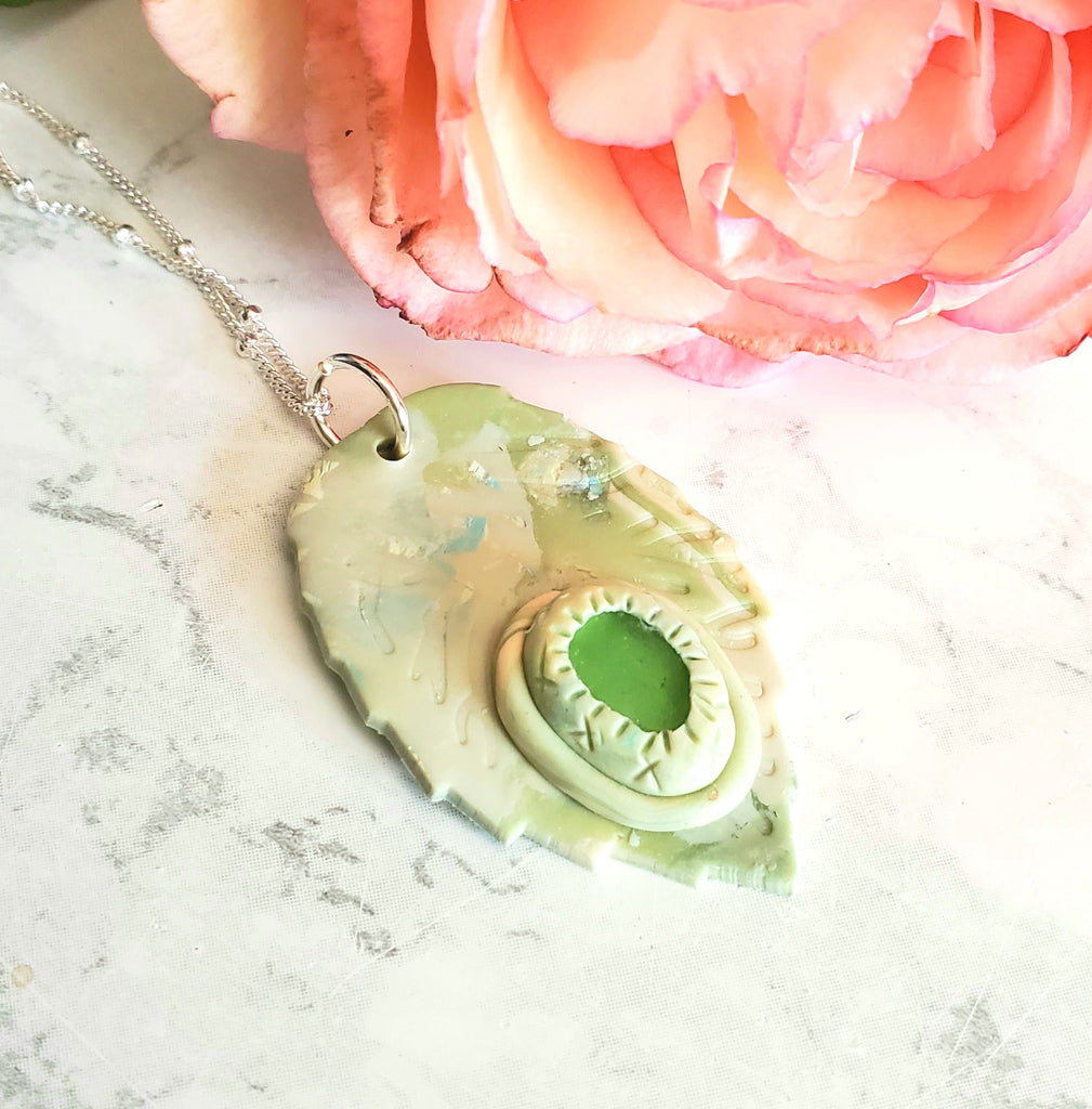 Polymer Clay and Green Sea Glass Leaf Necklace Garden