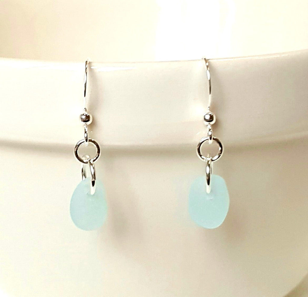 Aqua v=blue beach glass earrings sterling silver