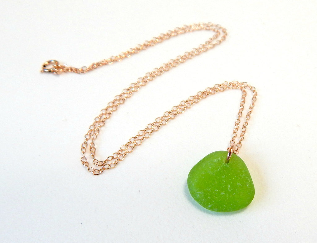 Rose Gold Sea Glass Necklace In Lime Green REAL Sea Glass