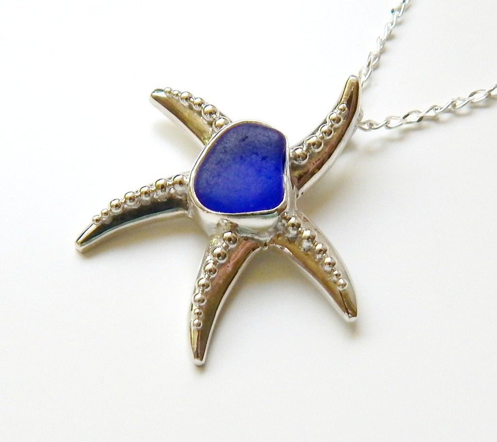 Starfish necklace with blue sea glass