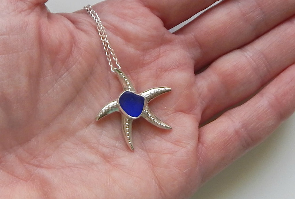 Starfish Necklace with Genuine Beach Glass Necklace Blue