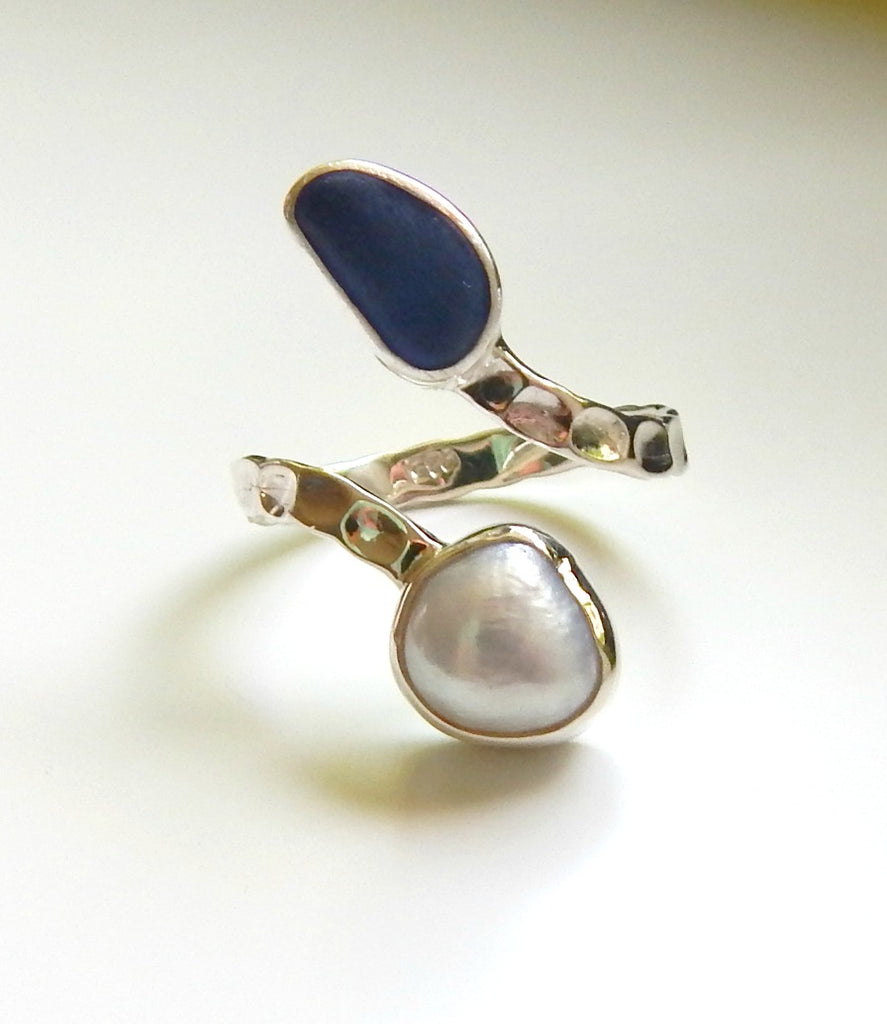 Pearl and sea glass ring
