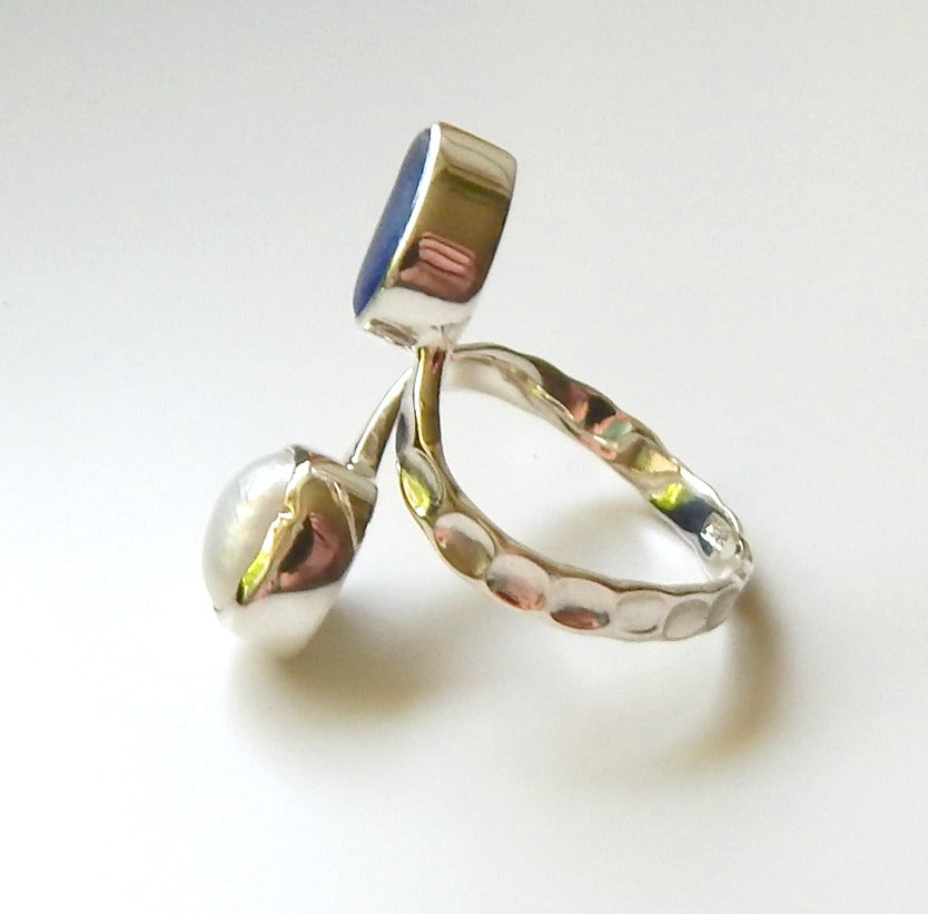 Pearl And Blue Sea Glass Ring In Sterling Silver