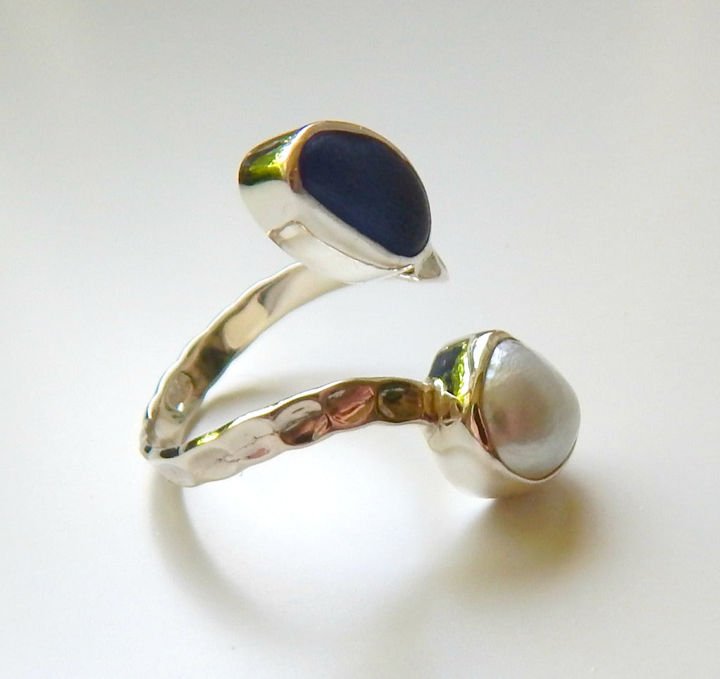 Pearl And Blue Sea Glass Ring In Sterling Silver