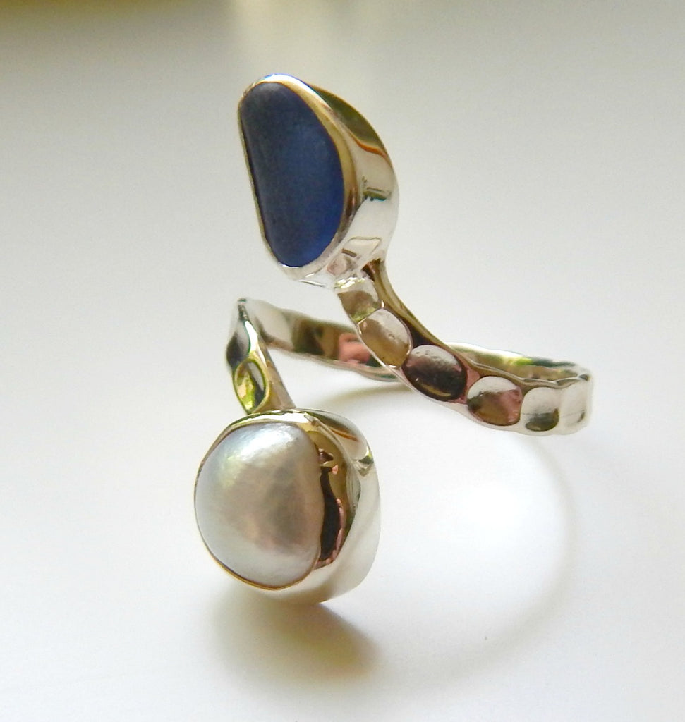Pearl and blue sea glass ring