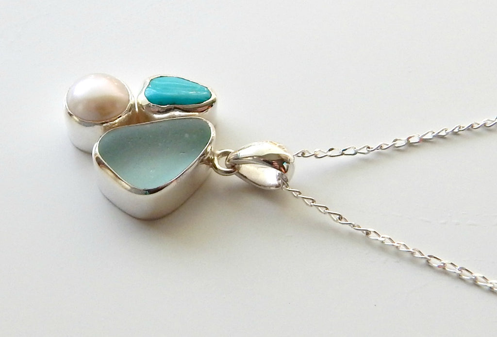Turquoise, Sea Glass and Pearl Pendant Necklace - Beachy Earth, Sand and Sea Statement