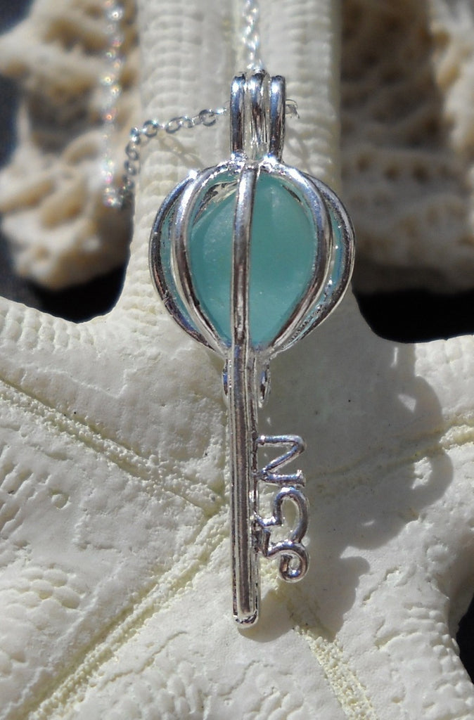 Skeleton Key Necklace Aqua Blue Sea Glass