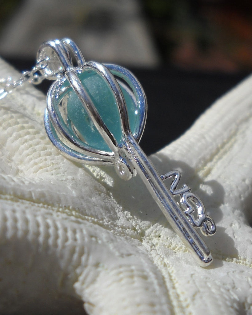 Skeleton Key Necklace Aqua Blue Sea Glass