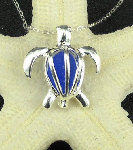 Sea Glass Sea Turtle Necklace Rare Cobalt Blue