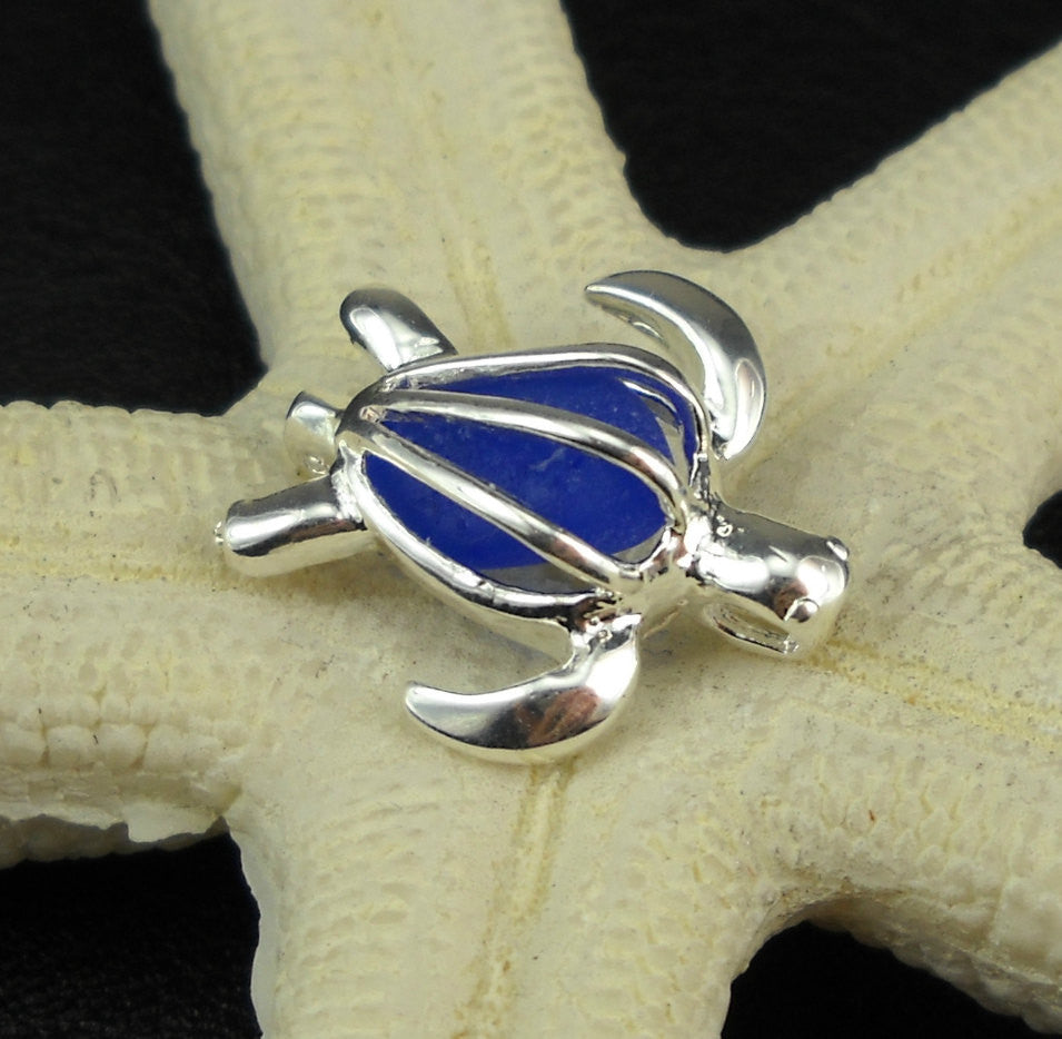 Sea Glass Sea Turtle Necklace Rare Cobalt Blue