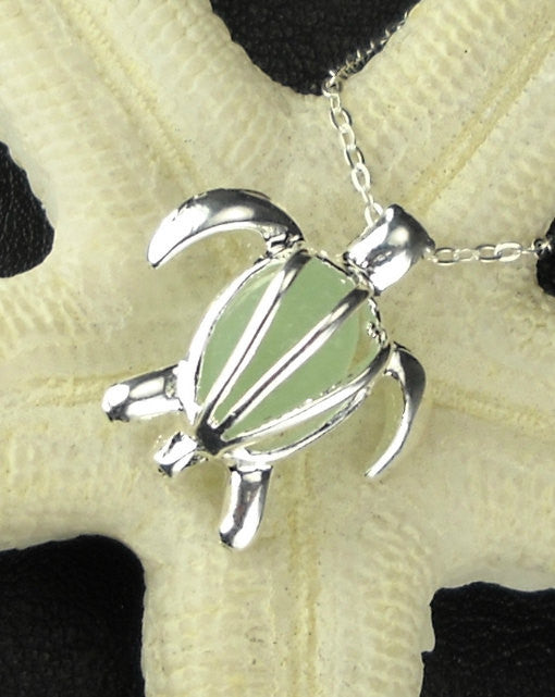 Sea Turtle Necklace Light Aqua GENUINE Sea Glass Silver Honu