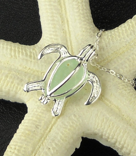 Sea Turtle Necklace Light Aqua GENUINE Sea Glass Silver Honu