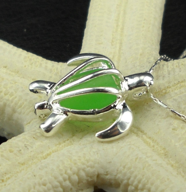 Sterling Turtle Jewelry GENUINE Green Sea Glass Locket Necklace