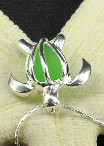Sterling Turtle Jewelry GENUINE Green Sea Glass Locket Necklace