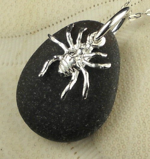 Eco Friendly Spider Necklace On Rare Old Black Sea Glass