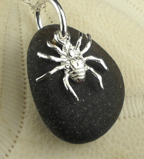 Eco Friendly Spider Necklace On Rare Old Black Sea Glass