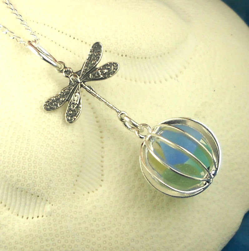 Dragonfly Necklace With GENUINE Sea Glass Necklace Locket Necklace