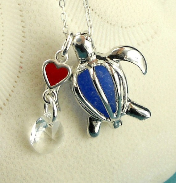 Sea Glass Necklace Turtle Locket Cobalt Blue Heart