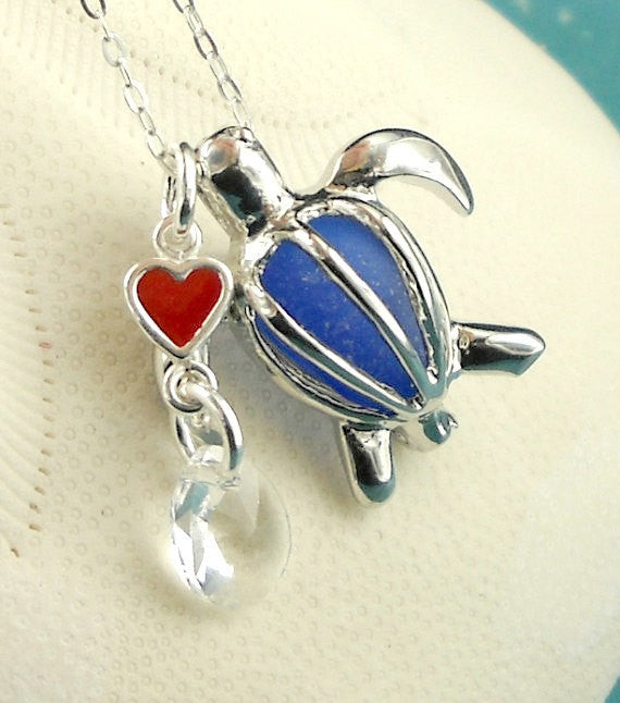 Blue sea glass turtle locket necklace