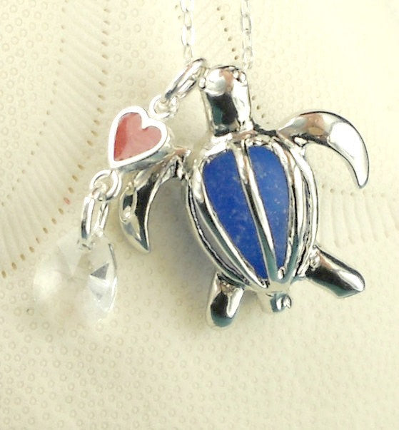 Sea Glass Necklace Turtle Locket Cobalt Blue Heart