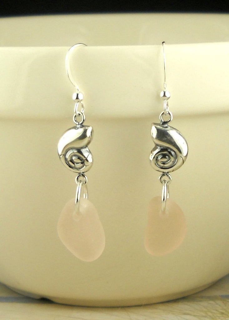Pastel GENUINE Pink Sea Glass Earrings Sterling Silver Shells Eco Friendly
