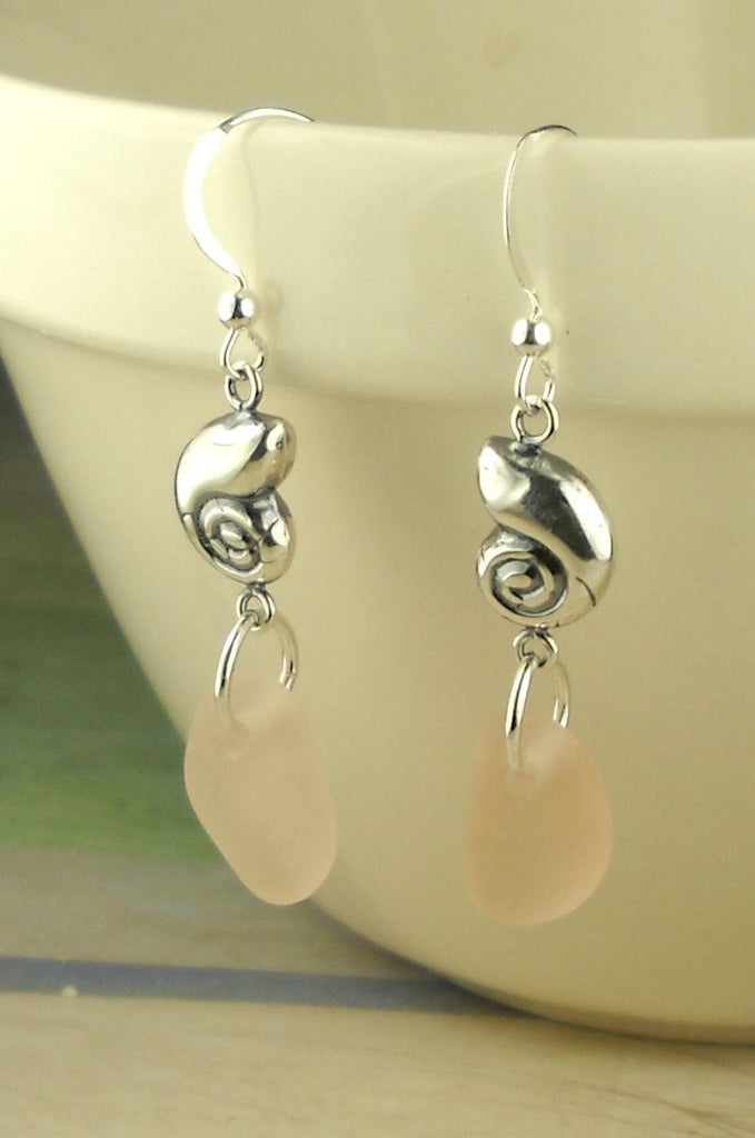 Pastel GENUINE Pink Sea Glass Earrings Sterling Silver Shells Eco Friendly