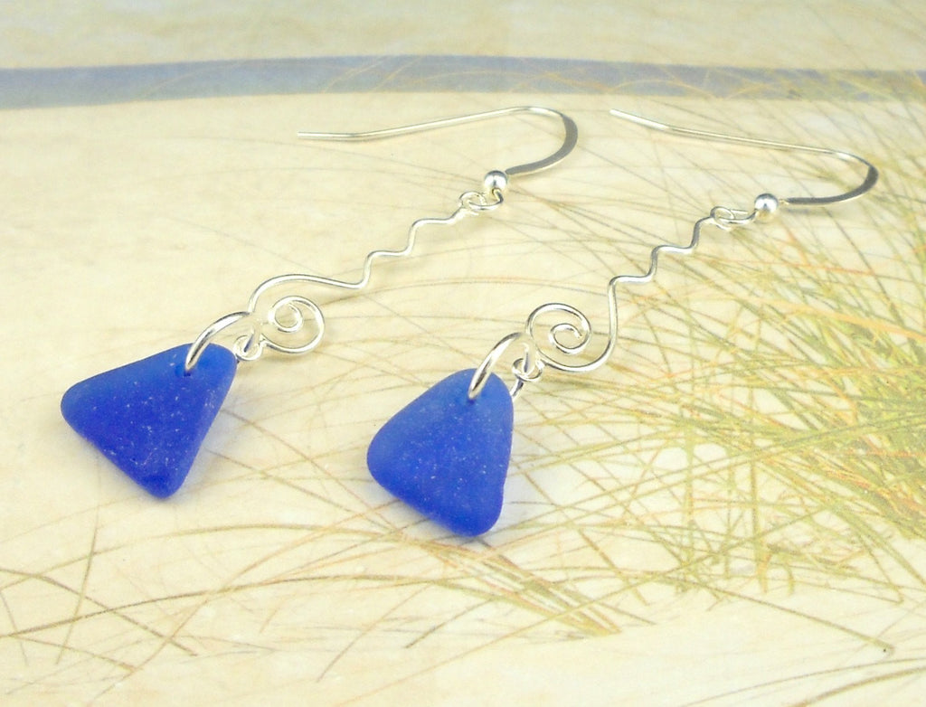 Eco Friendly Sterling Silver Genuine Cobalt Blue Sea Glass Earrings