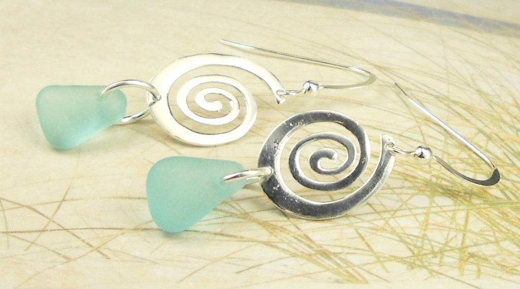 Aqua Sea Glass Earrings With Sterling Silver Spirals