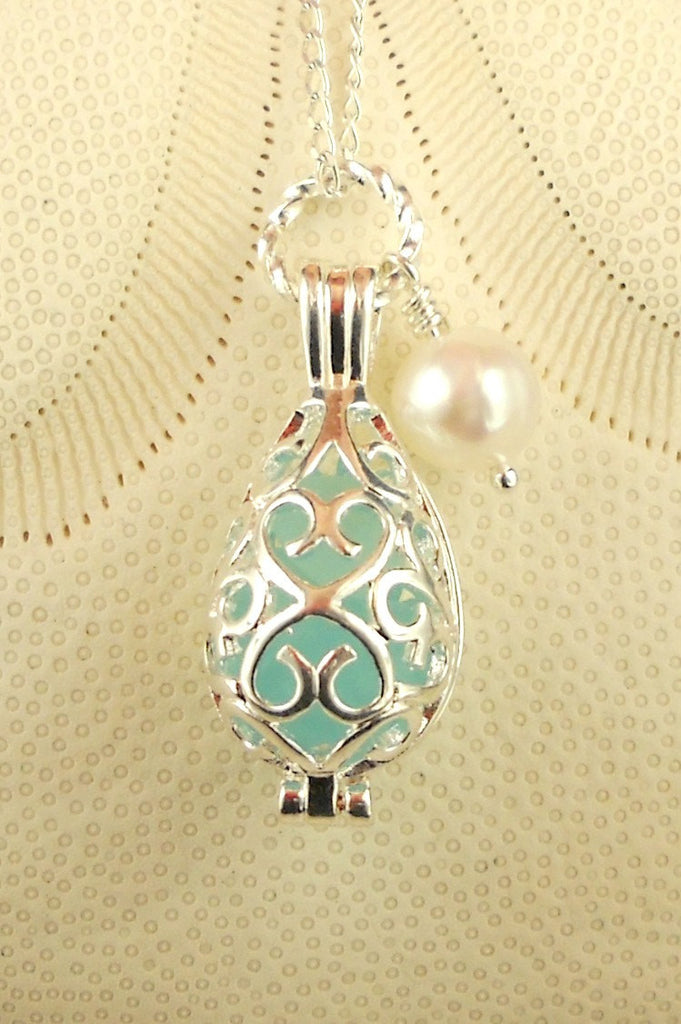 Rare GENUINE Turquoise Sea Glass Filled Filigree Locket Necklace