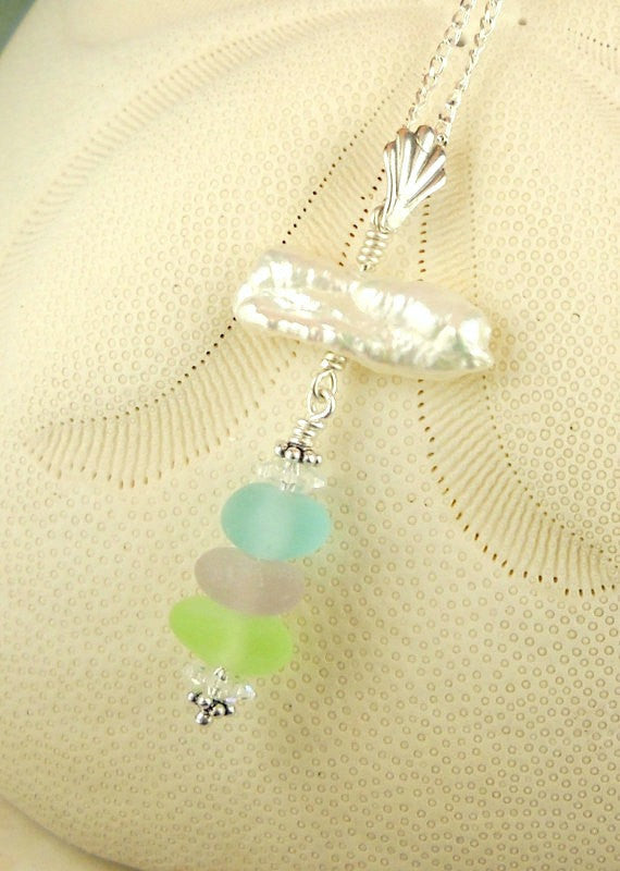 GENUINE Sea Glass Necklace With Keishi Pearl Jewelry
