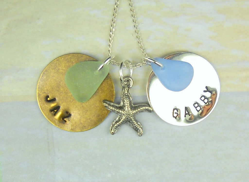 Personalized Necklace Hand Stamped Sterling And Copper With Sea Glass Customized