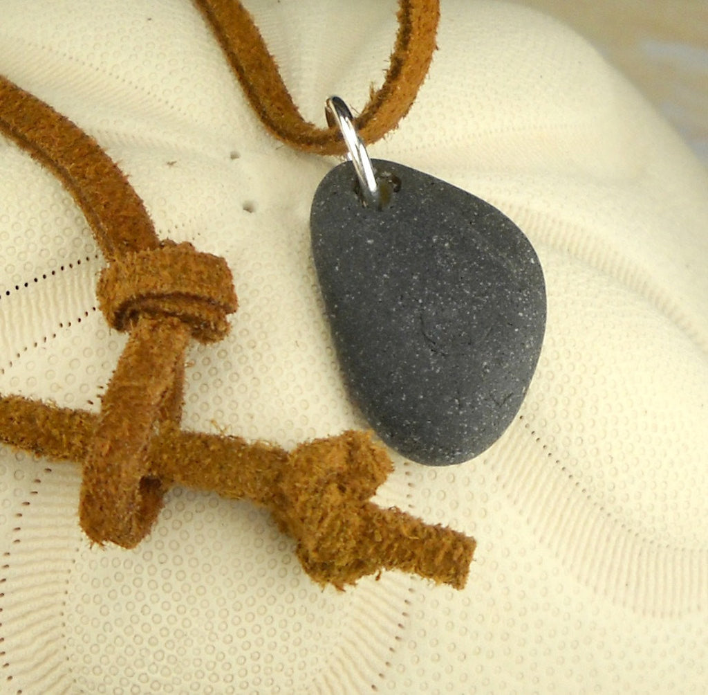 Men's Black Sea Glass Necklace Leather Cord Unisex