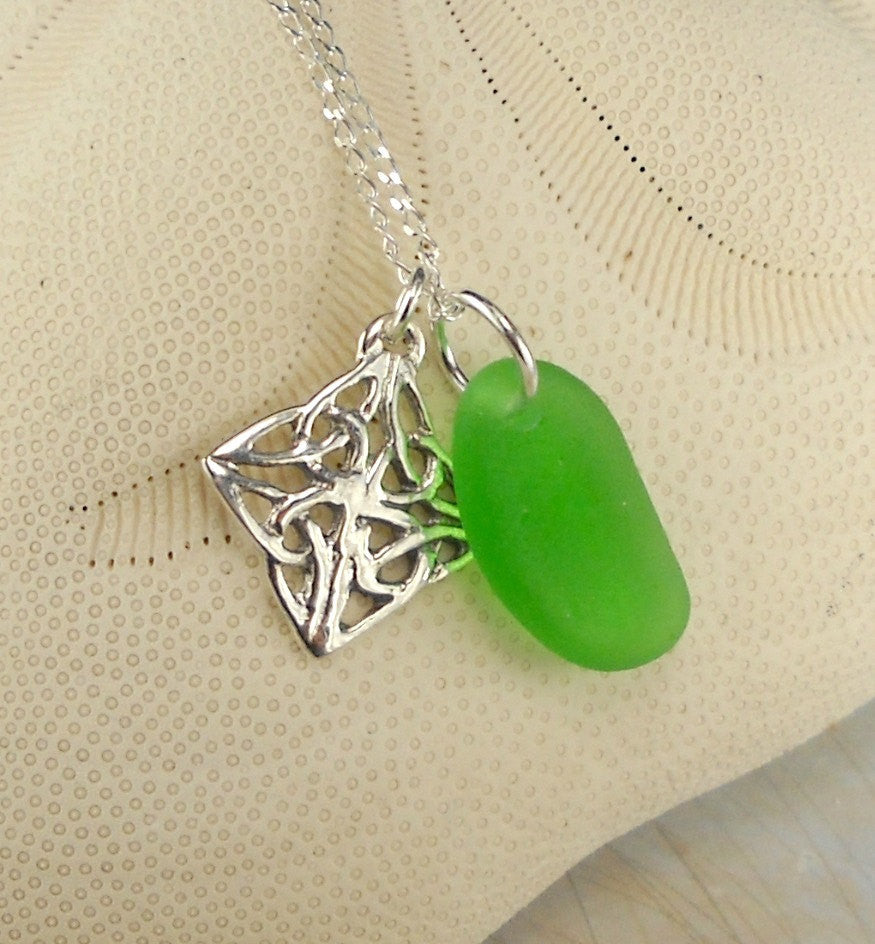 Sterling Silver GENUINE  Kelly Green Sea Glass Pendant Green Celtic Knot
