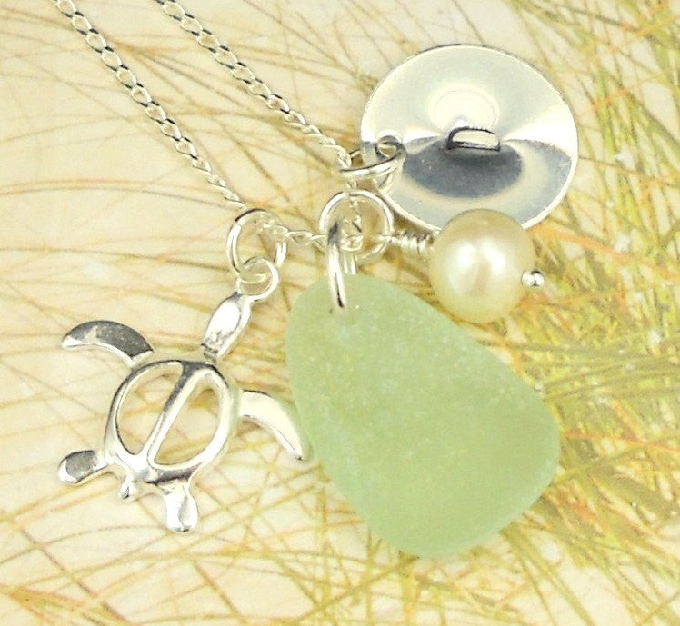 Turtle Necklace Personalized with Sea Glass
