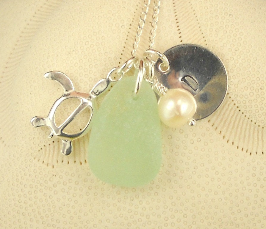 Personalized Jewelry Initial Necklace With GENUINE Sea Glass