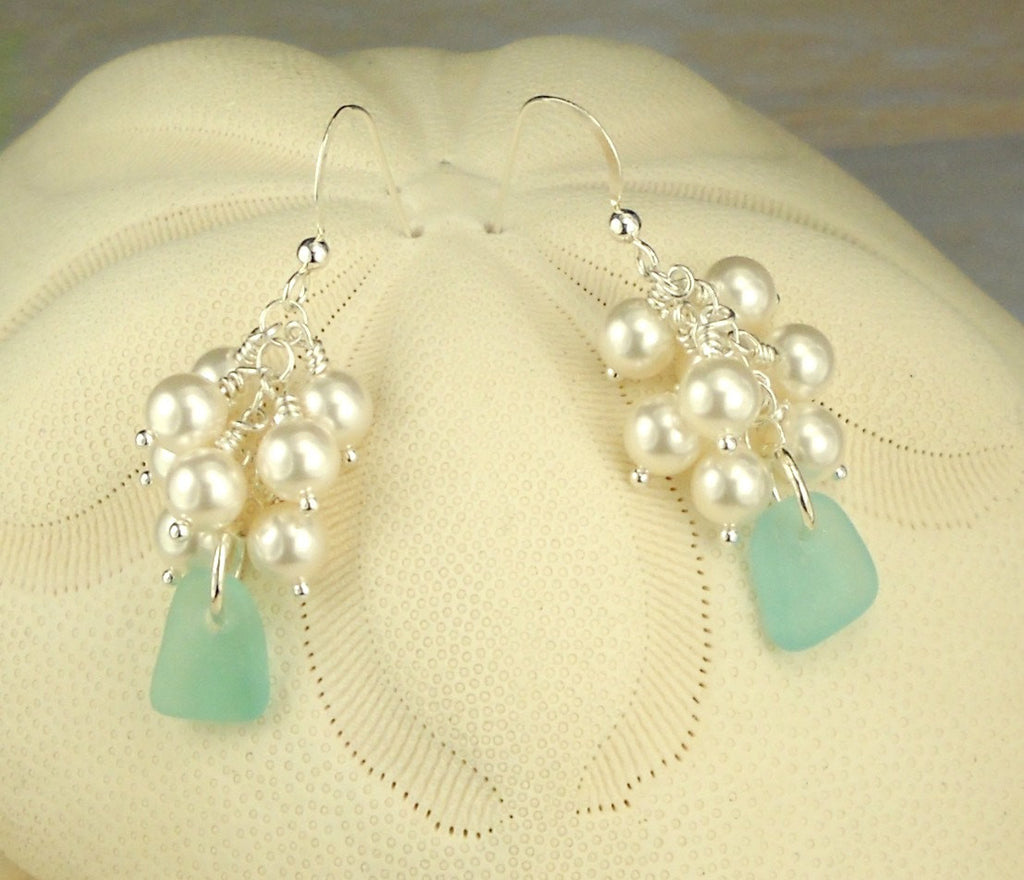 GENUINE Turquoise Sea Glass Earrings Sterling Silver With Pearls