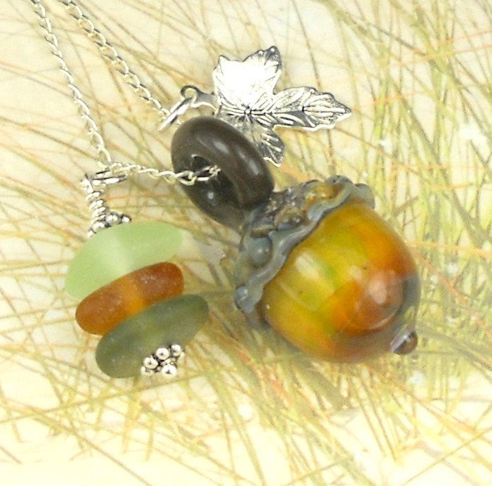 Eco Friendly GENUINE Sea Glass Jewelry Lampwork Acorn Bead Necklace