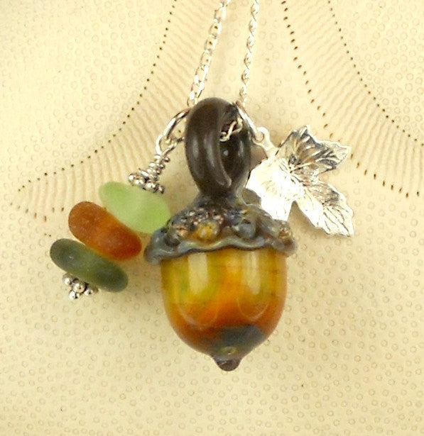 Eco Friendly GENUINE Sea Glass Jewelry Lampwork Acorn Bead Necklace