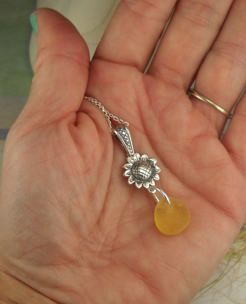 RARE Eco Friendly Sea Glass Jewelry Yellow English Sea Glass Sunflower Necklace