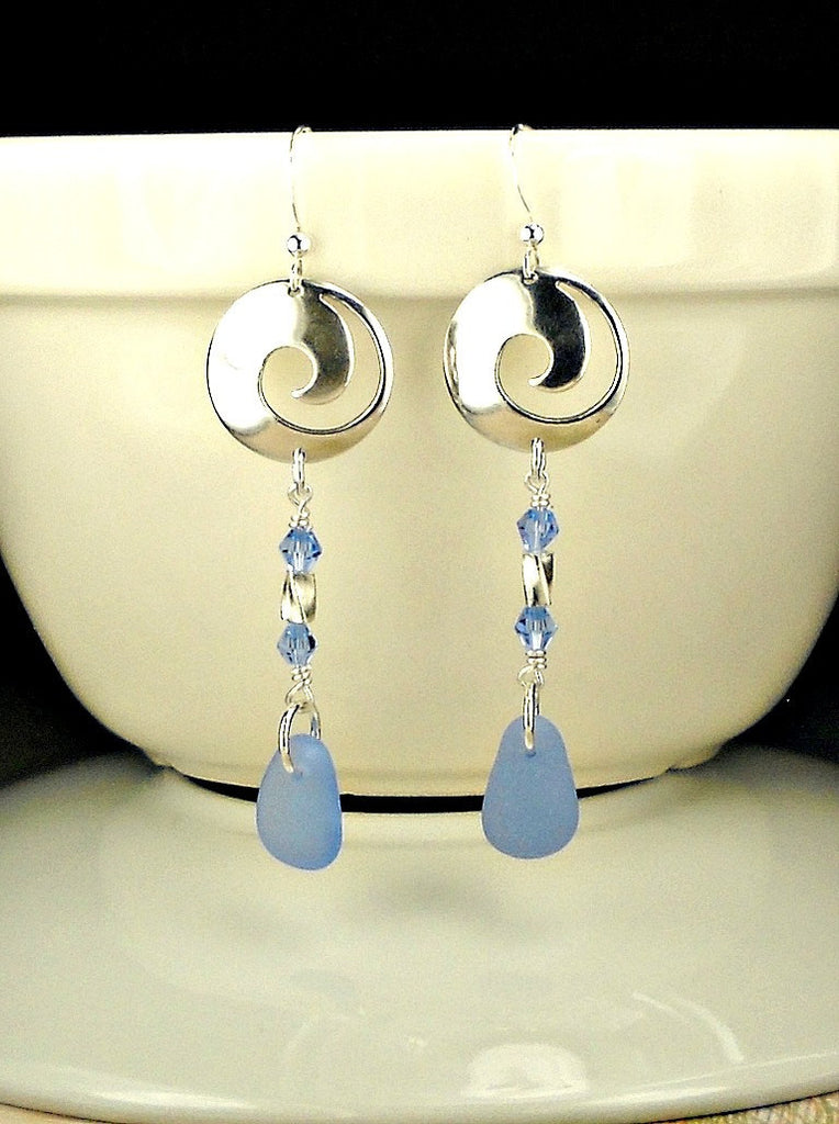 Long Sterling Silver Wave Rare Blue Sea Glass Earrings Eco Friendly