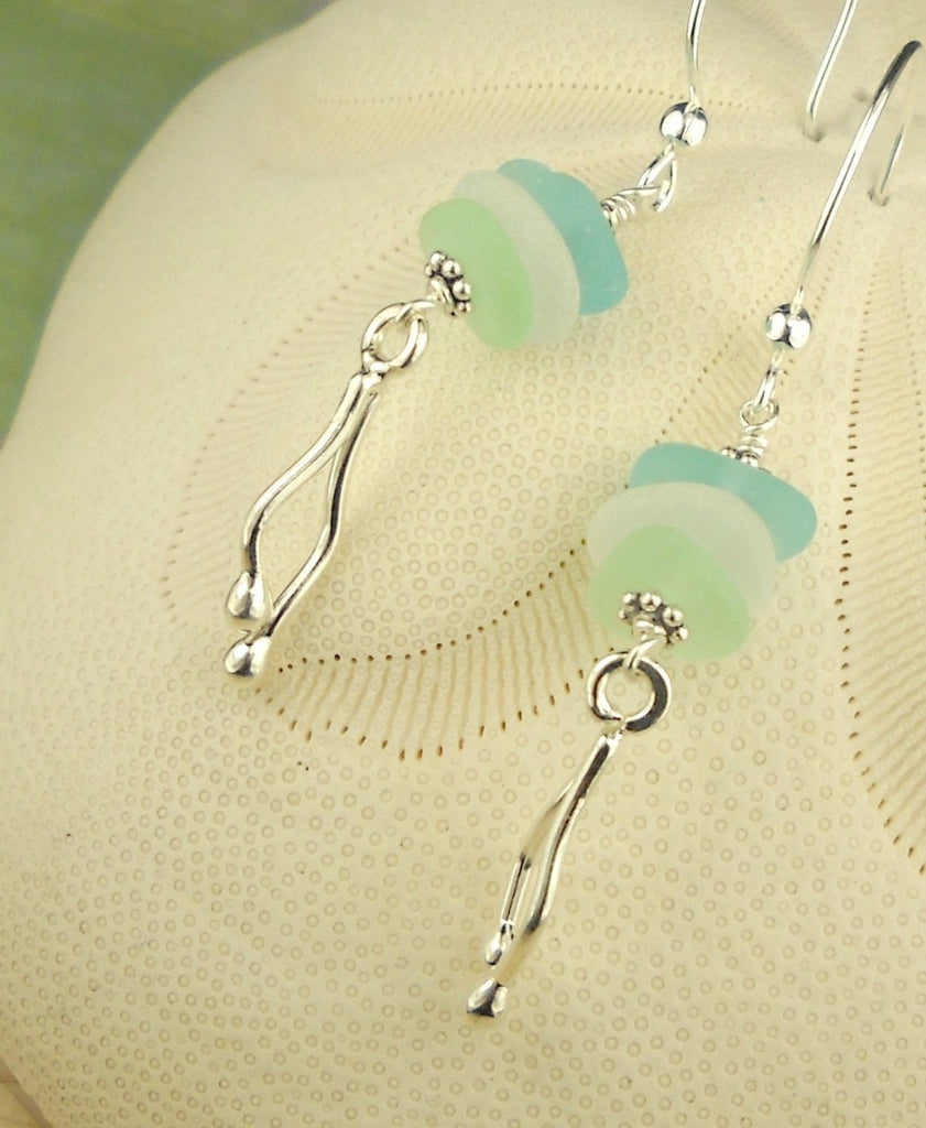 GENUINE Seaglass Jewelry Jellyfish Earrings Fine Silver Seafoam Aqua and White