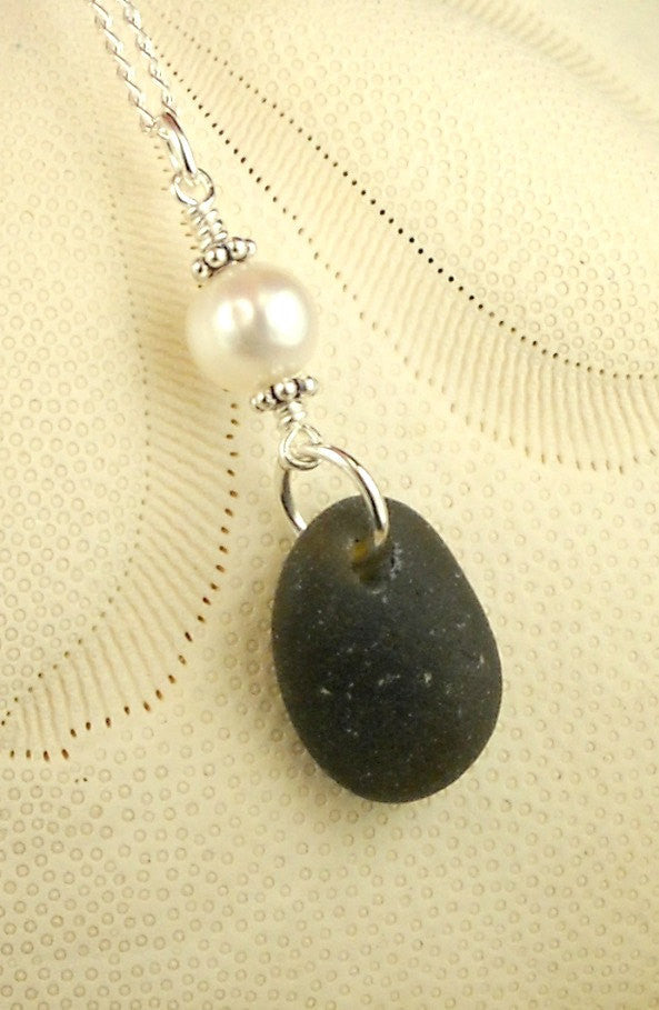 RARE Black Sea Glass Necklace With Pearl Sterling Silver Eco Friendly