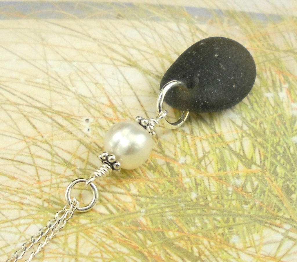 RARE Black Sea Glass Necklace With Pearl Sterling Silver Eco Friendly