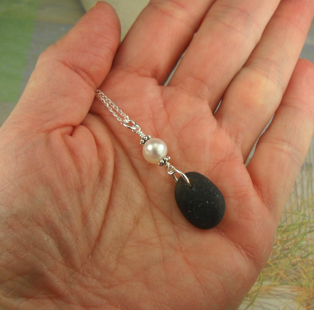 RARE Black Sea Glass Necklace With Pearl Sterling Silver Eco Friendly